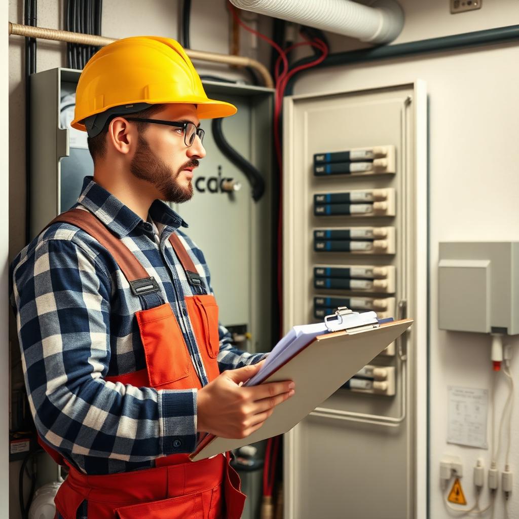 Elektricien controleert een verdeelbord tijdens een AREI-keuring