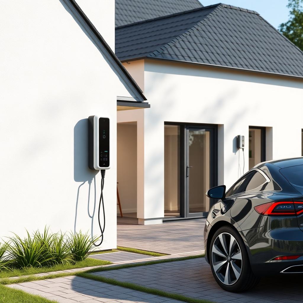 Laadpaal aan een moderne woning met elektrische wagen