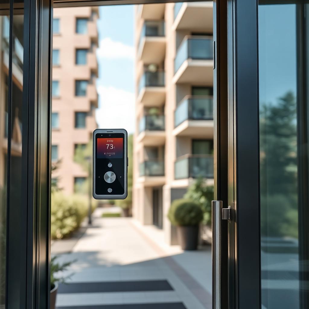 Modern videofoon-paneel aan de inkom van een appartementsgebouw
